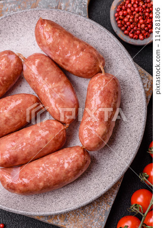 Baked chicken or pork sausages, salt, spices and herbs 114281806