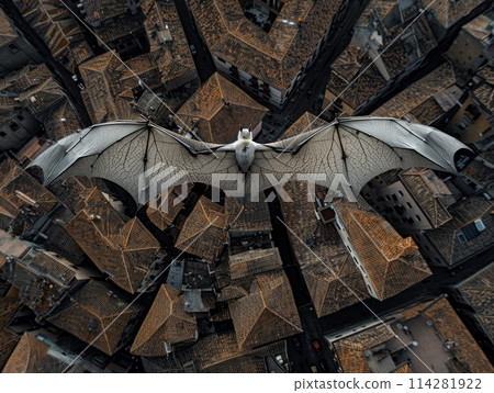 A large white bat gracefully flies across the night sky, its wings spread wide as it overlooks the sprawling city below. 114281922
