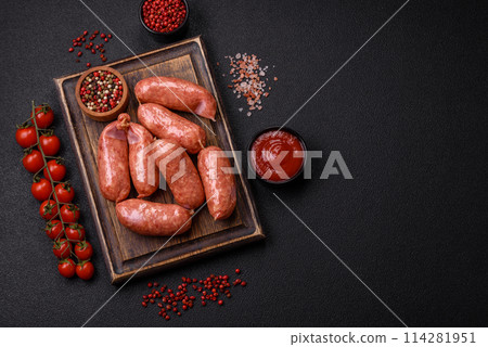 Baked chicken or pork sausages, salt, spices and herbs 114281951