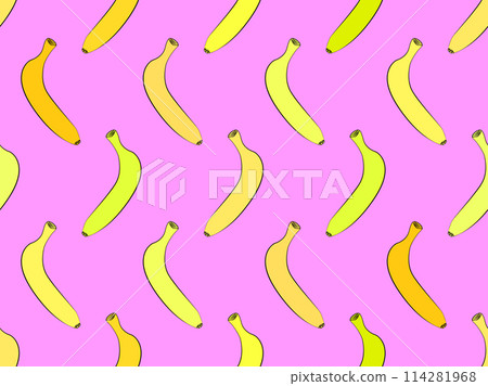 Yellow bananas on a pink background seamless pattern. Exotic sweet bananas in yellow shades. Design for wallpaper, banner printing and promotional products. Vector illustration 114281968