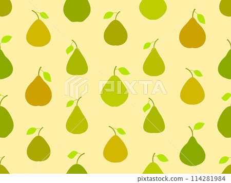 Green pears seamless pattern. Ripe pears with one leaf. Fruit background with pears for wallpaper, wrapping paper, banners and posters. Vector illustration 114281984
