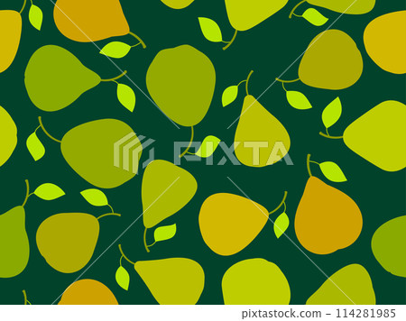 Green pears seamless pattern. Ripe pears with one leaf. Fruit background with pears for wallpaper, wrapping paper, banners and posters. Vector illustration Green pears seamless pattern. Ripe pears with one leaf. Fruit background with pears for wallpaper, wrapping paper, banners and posters. Vector illustration 114281985