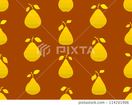 Seamless pattern with yellow pears on a brown background. Striped golden pears with two leaves. Fruit background with pears for wallpaper, wrapping paper, banners and posters. Vector illustration Seamless pattern with yellow pears on a brown background. Striped golden pears with two leaves. Fruit background with pears for wallpaper, wrapping paper, banners and posters. Vector illustration 114281986