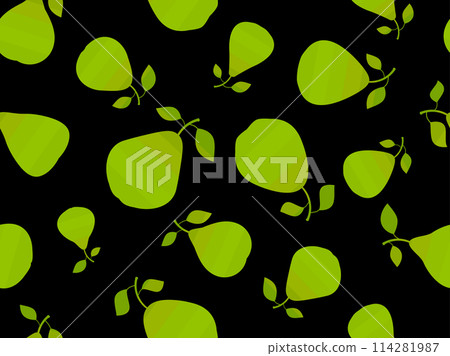 Seamless pattern with green pears on a black background. Ripe pears with two leaves. Fruit background with pears for wallpaper, wrapping paper, banners and posters. Vector illustration Seamless pattern with green pears on a black background. Ripe pears with two leaves. Fruit background with pears for wallpaper, wrapping paper, banners and posters. Vector illustration 114281987