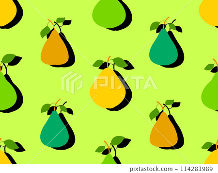 Seamless pattern of pears in flat style with shadow. Ripe pears with two leaves. Fruit background with pears for wallpaper, wrapping paper, banners and posters. Vector illustration Seamless pattern of pears in flat style with shadow. Ripe pears with two leaves. Fruit background with pears for wallpaper, wrapping paper, banners and posters. Vector illustration 114281989