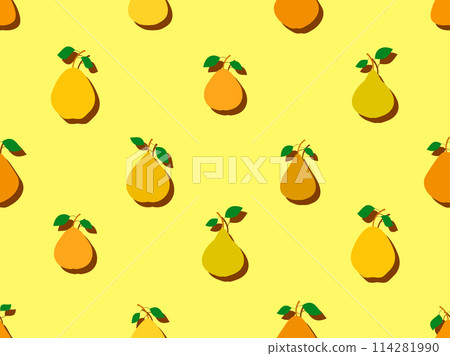 Seamless pattern of pears in flat style with shadow. Ripe pears with two leaves. Fruit background with pears for wallpaper, wrapping paper, banners and posters. Vector illustration 114281990