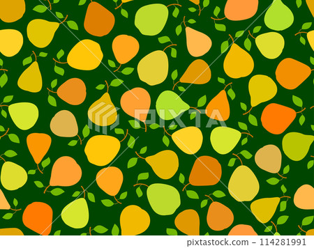 Seamless pattern with green and yellow pears. Ripe pears with two leaves. Fruit background with pears for wallpaper, wrapping paper, banners and posters. Vector illustration Seamless pattern with green and yellow pears. Ripe pears with two leaves. Fruit background with pears for wallpaper, wrapping paper, banners and posters. Vector illustration 114281991