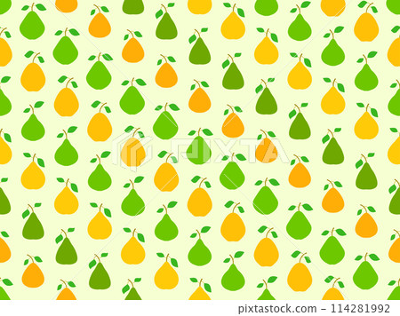 Seamless pattern with green and yellow pears. Ripe pears with two leaves. Fruit background with pears for wallpaper, wrapping paper, banners and posters. Vector illustration 114281992