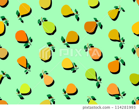 Seamless pattern of pears in flat style with shadow. Ripe pears with two leaves. Fruit background with pears for wallpaper, wrapping paper, banners and posters. Vector illustration Seamless pattern of pears in flat style with shadow. Ripe pears with two leaves. Fruit background with pears for wallpaper, wrapping paper, banners and posters. Vector illustration 114281993