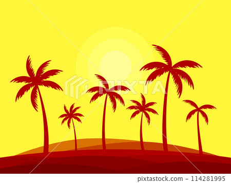 Tropical landscape with silhouettes of palm trees against the background of the sun. Landscape of palm trees in a minimalist style. Summer time. Design for banners and posters. Vector illustration 114281995