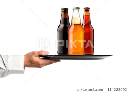 Waiter hand holding metal tray with set of Beer glasses and bottles on a white background. Waiter hand holding metal tray with set of Beer glasses and bottles on a white background. 114282002