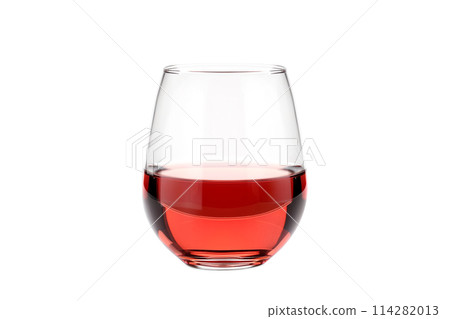 A glass with red wine isolated on white background, negative copy space. Rose wine splashing in glassware. 114282013