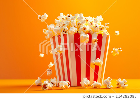 A red and white striped popcorn bucket full of fluffy, buttery popcorn, bold colors of background 114282085