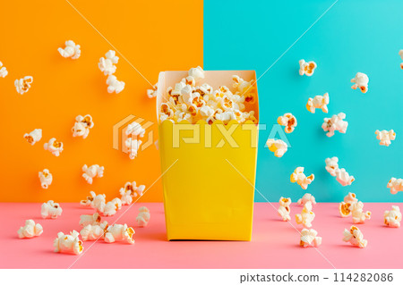 A red and white striped popcorn bucket full of fluffy, buttery popcorn, bold colors of background 114282086