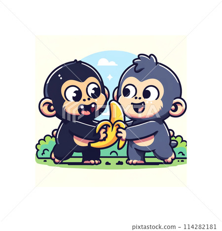Baby monkey shares banana with friend Baby monkey shares banana with friend 114282181