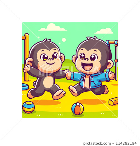 Baby monkey playing with friends in the park Baby monkey playing with friends in the park 114282184