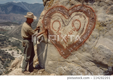 A man carefully paints a heart onto a rock in the great outdoors, adding artistic flair to the natural landscape. A man carefully paints a heart onto a rock in the great outdoors, adding artistic flair to the natural landscape. 114282201
