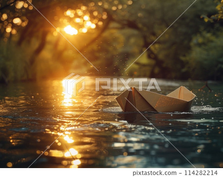 A delicate paper boat gracefully floats atop a calm body of water, gently swaying with the gentle ripples of the water. 114282214