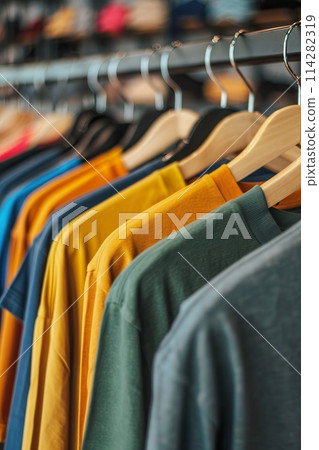 Assorted colorful t-shirts hanging on display in a retail setting 114282319