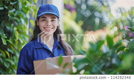Happy young female delivery worker holding a package outdoors 114282348