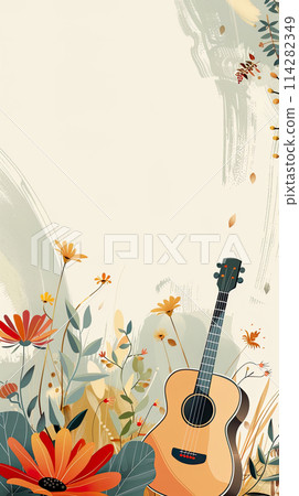 Illustration of an acoustic guitar surrounded by colorful flowers 114282349