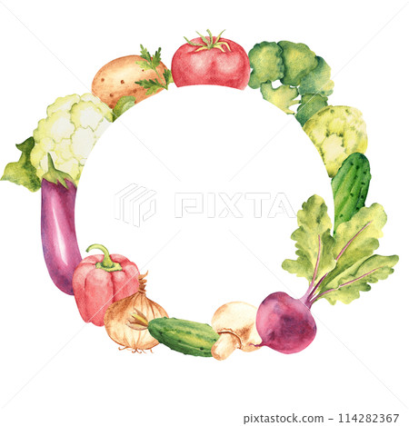 Vegetables watercolor circle round frame, wreath. Botanical vegetable hand drawn watercolor illustration isolated on white background. Can be used for cards, logos and food and advertisement design 114282367