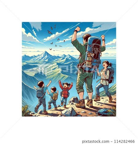 A family savoring the joy of reaching the summit 114282466