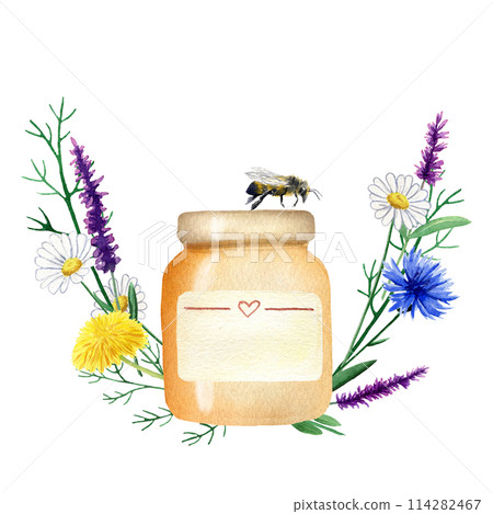 Composition of watercolor elements with honey jar, dandelion, cornflower, sage, chamomile and a bee for design, postcards, logos, business cards 114282467