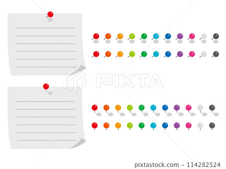 Set of illustrations of round pins and lined note paper Set of illustrations of round pins and lined note paper 114282524