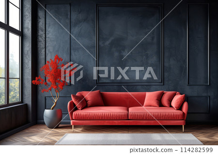 A sophisticated living room with a contemporary flair. The room features dark, textured walls with mock-up and copyspace, that exude an air of elegance. A red sofa, positioned against the backdrop. 114282599
