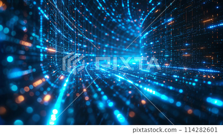 A digital data tunnel, where intricate patterns of connected dots and lines create illusion of depth, leading viewer on futuristic exploration through cyberspace. The concept for technology, VR, AI 114282601