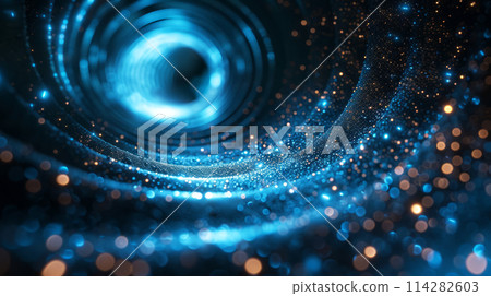 A dynamic and radiant blue vortex surrounded by intricate array of sparkling particles, vortex appears to be in motion, creating sense of depth and movement, related to space, technology, abstract art 114282603