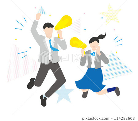 Men and women jumping with megaphones - cheering - people simple color vector illustration material Men and women jumping with megaphones - cheering - people simple color vector illustration material 114282608