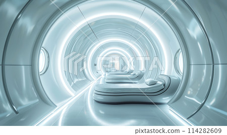 A futuristic and sleek interior, sophistication and innovation: a corridor that seamlessly blends modernity with elegance. Its design features smooth, curved surfaces bathed in soft, ambient lighting A futuristic and sleek interior, sophistication and innovation: a corridor that seamlessly blends modernity with elegance. Its design features smooth, curved surfaces bathed in soft, ambient lighting 114282609