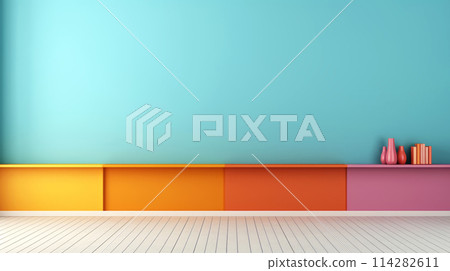 A painted wall in teal color, background with copy space. A minimalist interior with a vibrant, multicolored low cabinet, showcases gradients of yellow to pink and adorned with neatly arranged books A painted wall in teal color, background with copy space. A minimalist interior with a vibrant, multicolored low cabinet, showcases gradients of yellow to pink and adorned with neatly arranged books 114282611