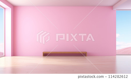 An interior design of empty room featuring vibrant pink wall, complemented by light wooden floor. Ample space for text and other elements, ideal for advertisers, designers, content creators An interior design of empty room featuring vibrant pink wall, complemented by light wooden floor. Ample space for text and other elements, ideal for advertisers, designers, content creators 114282612
