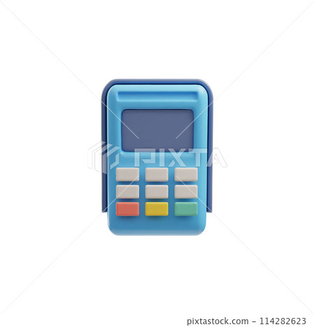 Vector 3D calculator with blue buttons, display, and plastic material on a white background 114282623