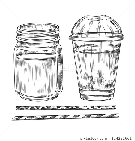 Sketched mason jar and plastic cup vector illustration Sketched mason jar and plastic cup vector illustration 114282661