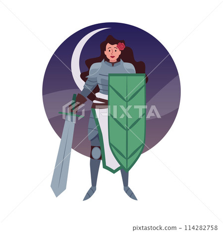 Armored beautiful woman medieval knight with huge sword and shield, vector cartoon ancient warrior with flower in hair Armored beautiful woman medieval knight with huge sword and shield, vector cartoon ancient warrior with flower in hair 114282758