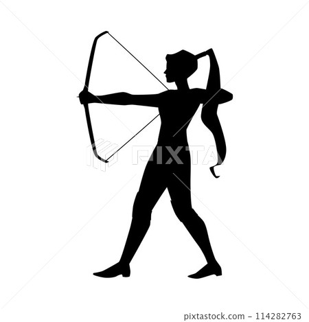 Woman warrior archer aiming vector black silhouette, female character medieval knight with bow and arrow 114282763