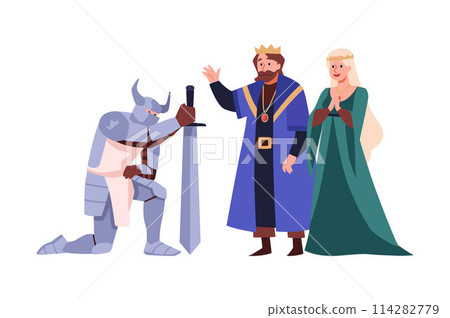 Theatre actors playing knight in armor with a sword on knees in front of king and queen vector flat, medieval kingdom 114282779