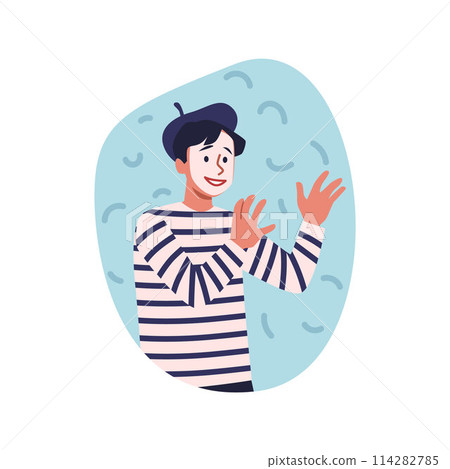 Mime theater artist, vector cartoon male actor with white face makeup, French artist comedian show pantomimes performer Mime theater artist, vector cartoon male actor with white face makeup, French artist comedian show pantomimes performer 114282785