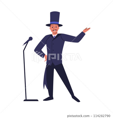 Artist man in elegant suit and cylinder hat with microphone vector, Stand-up comedy show, magic performer illusionist 114282790