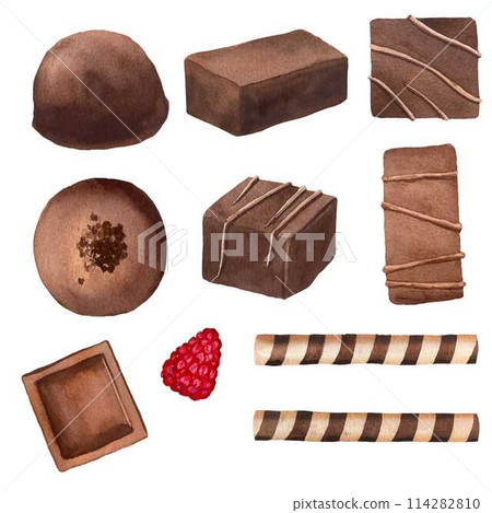 Chocolate sweets set and chocolate stick hand drawn with watercolor isolated on white background for cards, patterns, labels, invitations, flyers 114282810