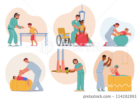 Caring Medical Professional Characters Guide Children Through Physical Therapy, Using Fun Engaging Activities 114282891