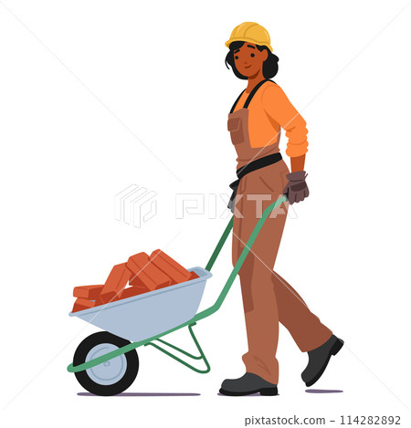 Female Construction Worker Wearing A Hard Hat, Orange Shirt, And Brown Overalls. Pushing A Wheelbarrow Containing Bricks 114282892
