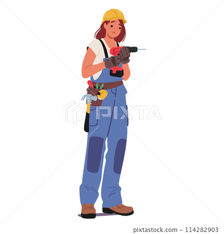 Female Construction Worker Or Contractor Wearing A Yellow Hard Hat And Blue Overalls, Holding A Power Drill 114282903