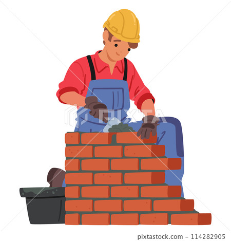 Mason Or Bricklayer Wearing Hard Hat, Laying Bricks And Constructing A Brick Wall Or Structure On Construction Site 114282905