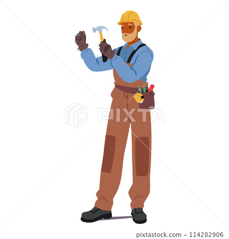 Construction Worker Wearing A Yellow Hard Hat, Holding A Hammer And Carrying A Toolbelt. Handyman Character 114282906