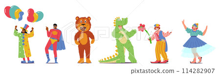 Joyful Animator Characters In Vibrant Costumes of Magician, Superhero, Bear, Crocodile, Clown And Ballerina, Vector Joyful Animator Characters In Vibrant Costumes of Magician, Superhero, Bear, Crocodile, Clown And Ballerina, Vector 114282907